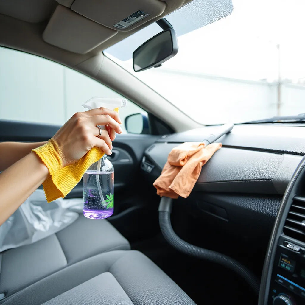 Hands wiping a clean fabric car seat with a microfiber cloth and spray bottle