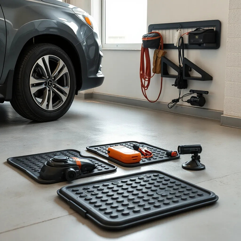 Car in a garage with neatly arranged automotive accessories like floor mats, jump starter, and a phone mount