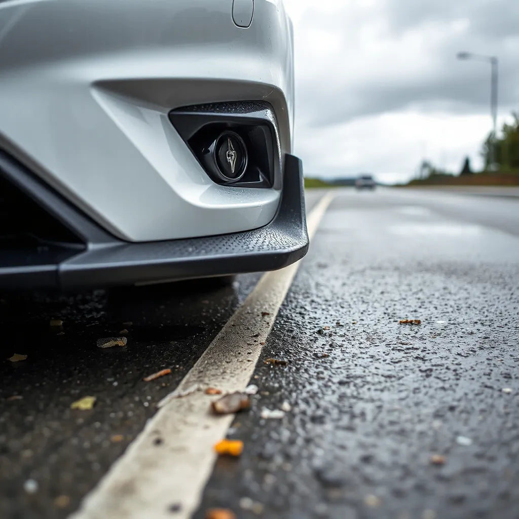 Car front with aerodynamic deflectors and protective shields installed near bumper and wheel wells