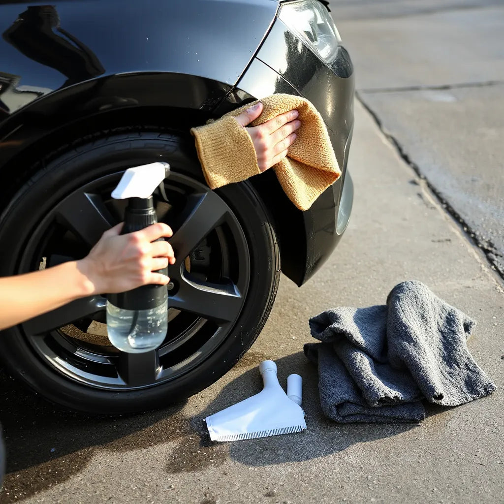Hand washing and drying a car hood and fenders with microfiber cloths during exterior care
