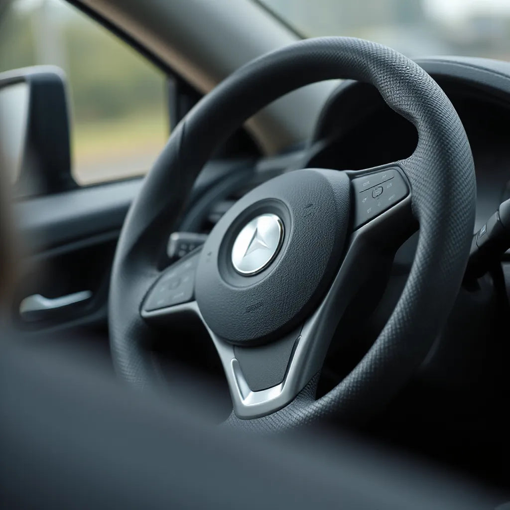 Car steering wheel with a neatly fitted textured cover in natural daylight