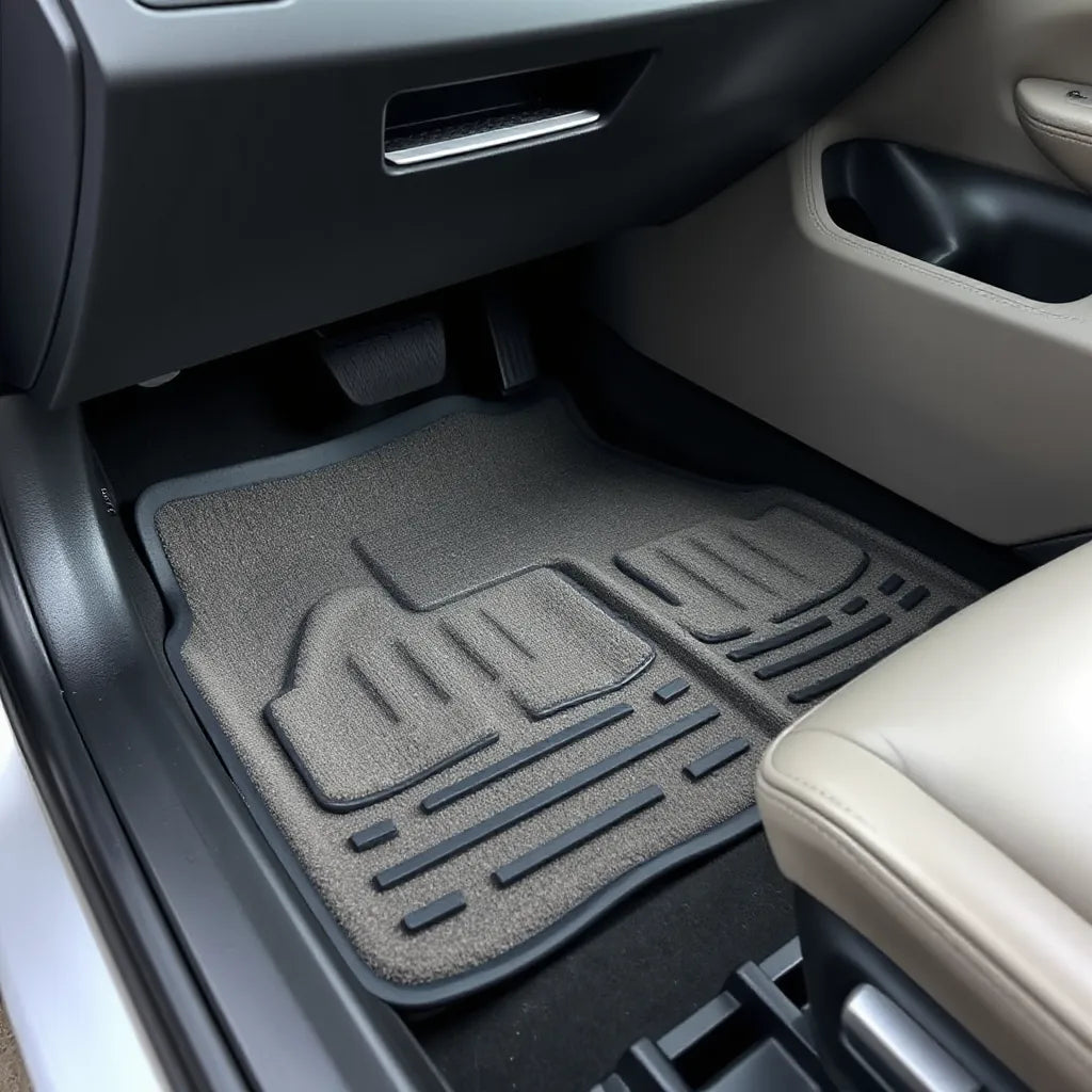 Front driver-side footwell with neatly fitted car floor mats in a clean car interior