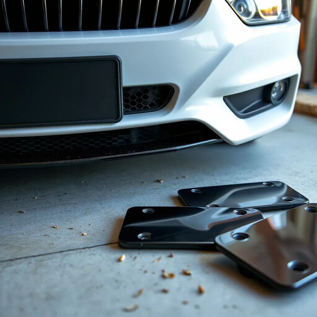 License plate area with several license plate covers in matte and glossy finishes on a workbench
