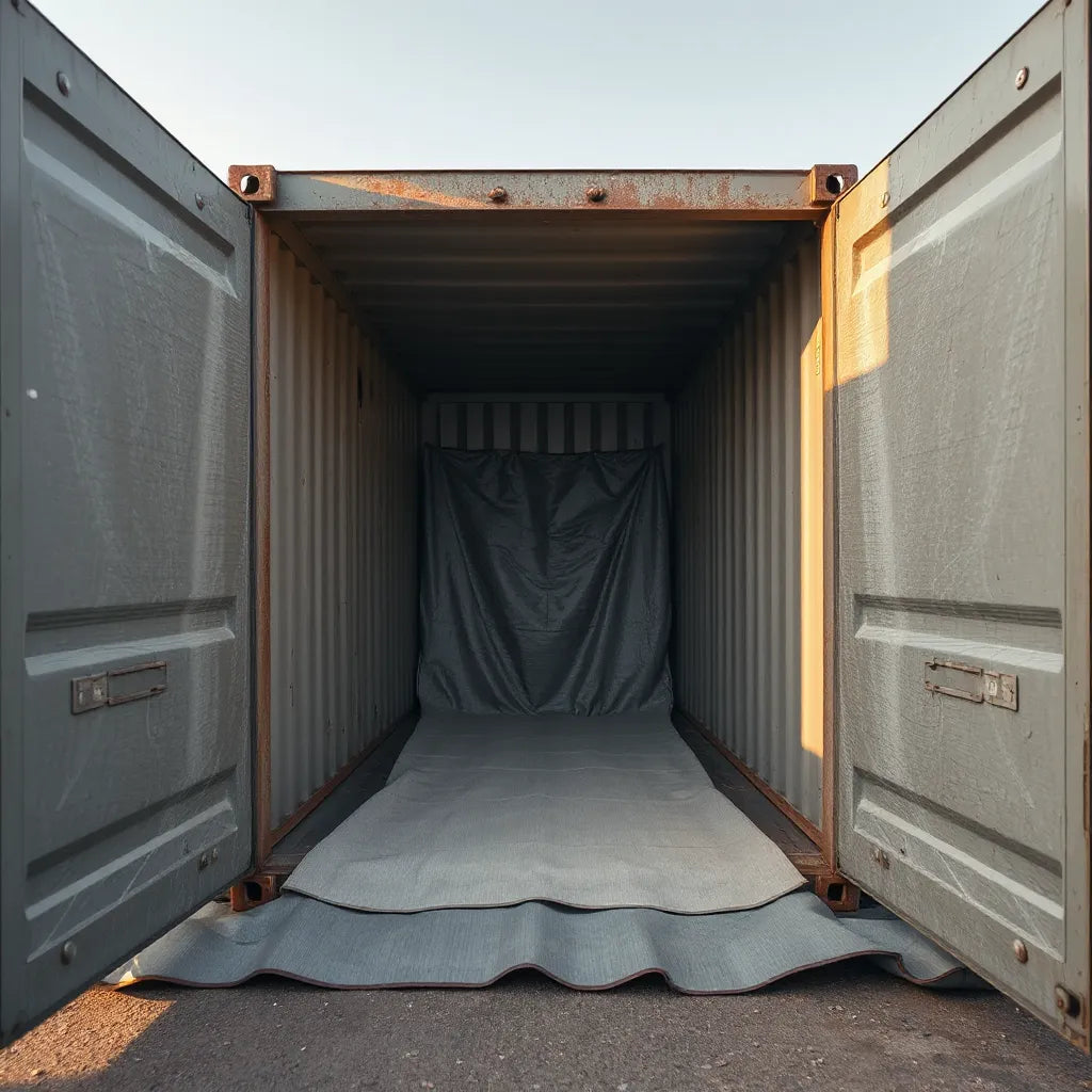 Worker adjusting a heavy-duty cargo liner inside a container for safe bulk loading
