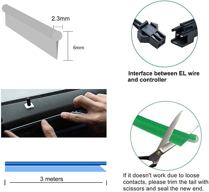 El Wire Pink Interior Car LED Strip Lights, 3M Neon Wire USB 5V - Image 5