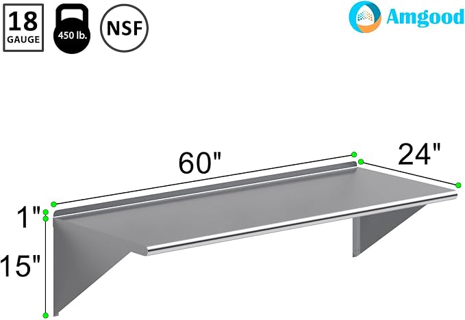 AmGood 60" Long X 24" Deep Stainless Steel Wall Shelf | NSF Certified | - Image 3