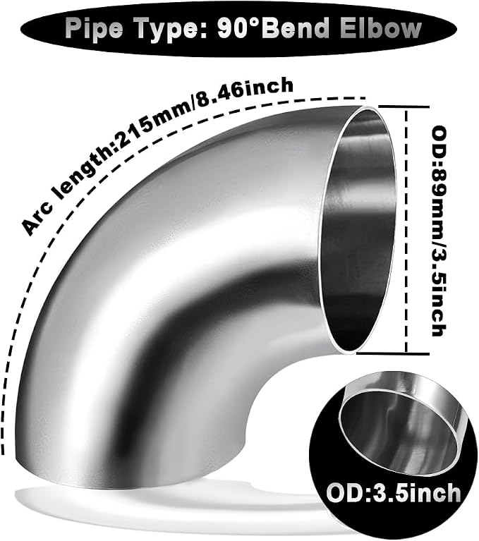 Cotonake OD 3.5 Inch 90 Degree SS304 Stainless Steel Bend Tube Exhaust Elbow - Image 2
