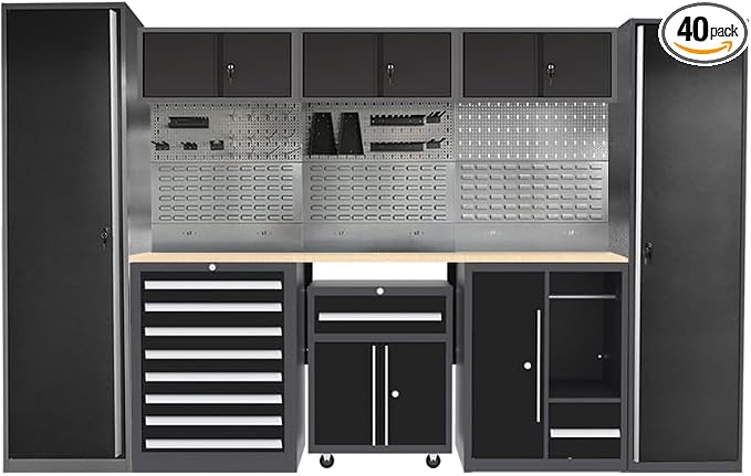 Steel Garage Workbench with Storage and Cabinets, Tool Organization, by JZD