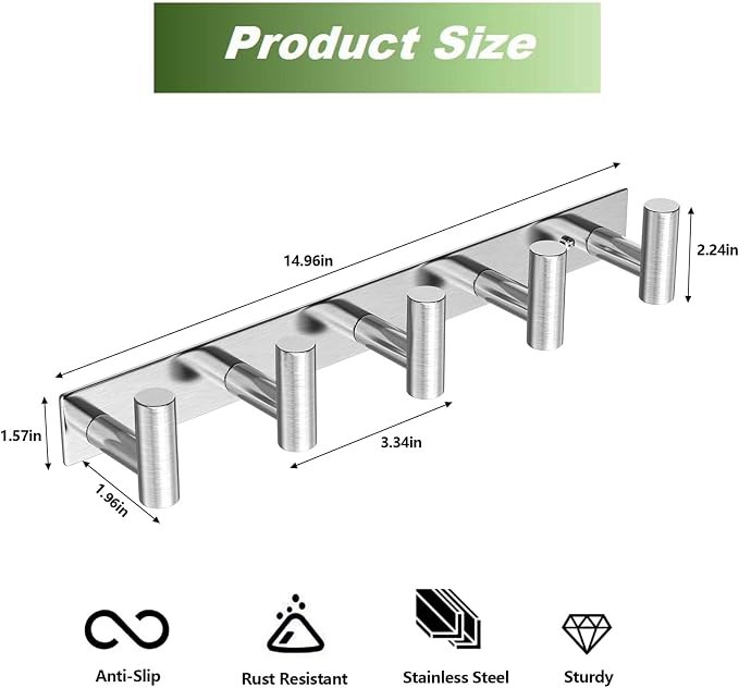 Wall Mounted Coat Rack-5 Hooks, Heavy Duty Stainless Steel Hook Rail - Image 2