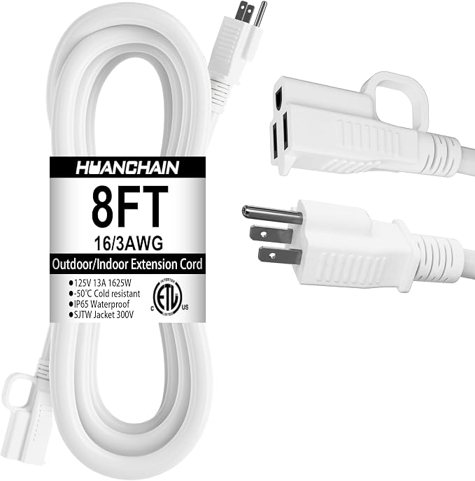 HUANCHAIN Indoor Outdoor White Extension Cord 8 ft Waterproof, 16/3 Gauge by huanchain
