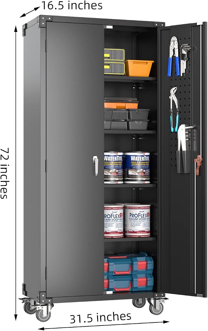 72" Metal Storage Cabinet with Wheels and Pegboard, Lockable Rolling Steel - Image 3