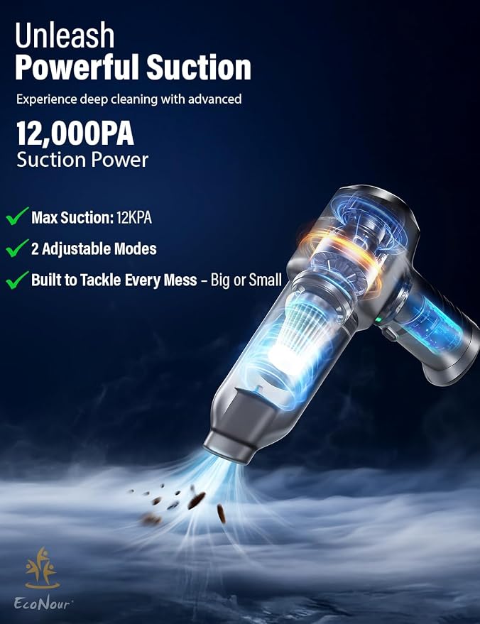 EcoNour Cordless Handheld Car Vacuum Cleaner | 120W Power, Dual Battery & - Image 2