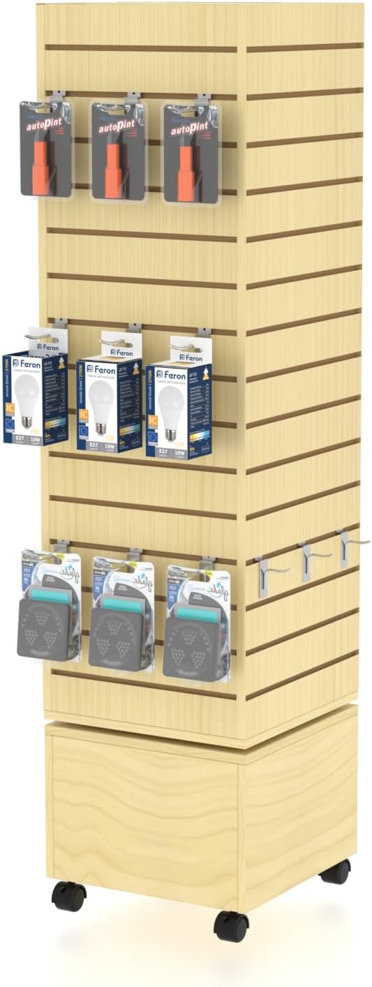 WISDOMFUR Rotating Slatwall Display Rack – 16"x16"x60" Maple Spinning Tower - Image 7