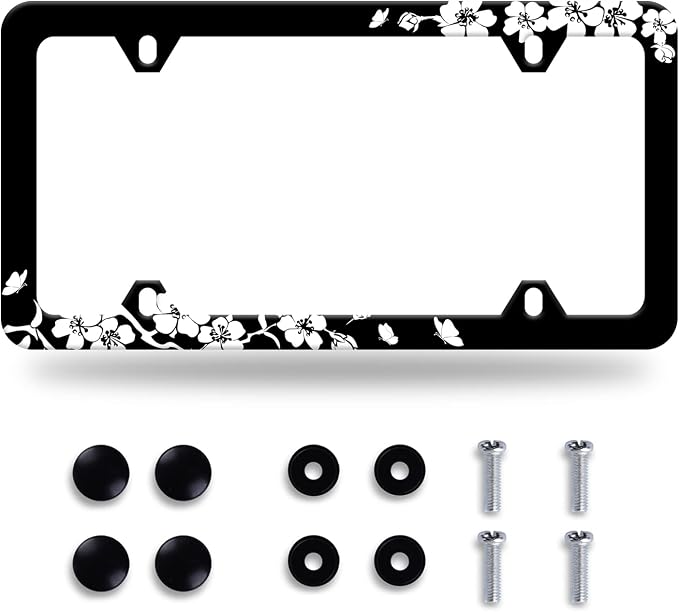 Black White Cherry Blossoms License Plate Frame Floral Flowers License Plate by GORSNKYE