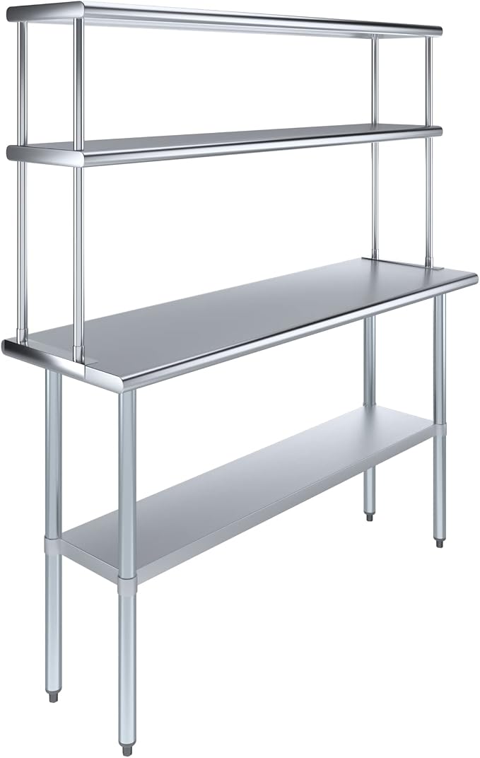 Amgood Stainless Steel Work Table Double Tier Overshelf | Metal Kitchen Prep by AmGood
