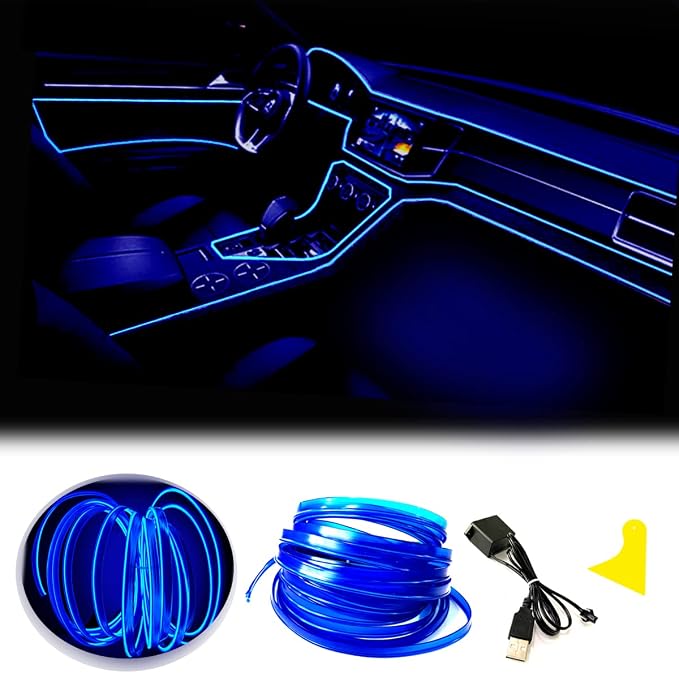 El Wire Blue Interior Car LED Strip Lights, 3M Neon Wire USB 5V by Maxlaxer