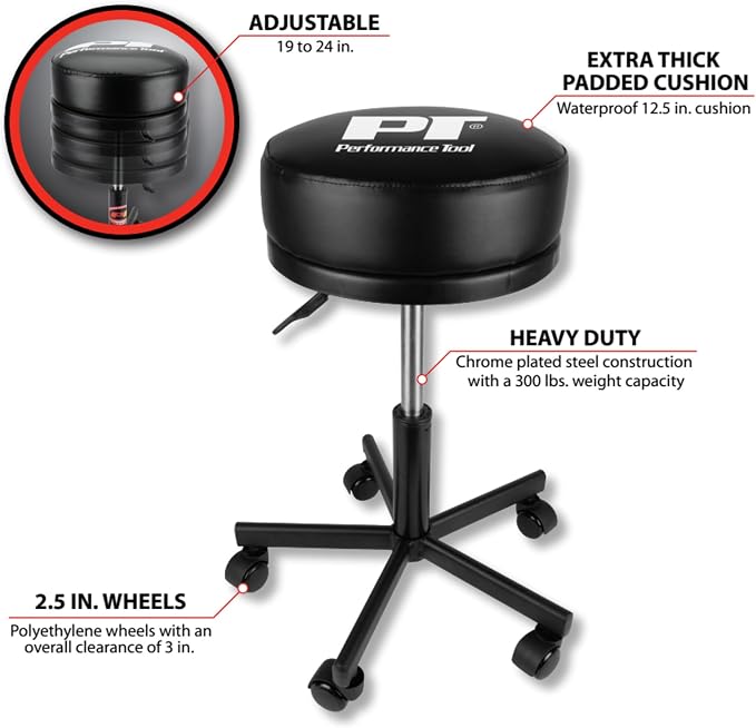 Performance Tool W85033 Extra-Thick Big Top Pneumatic Rolling Shop Stool - Image 3