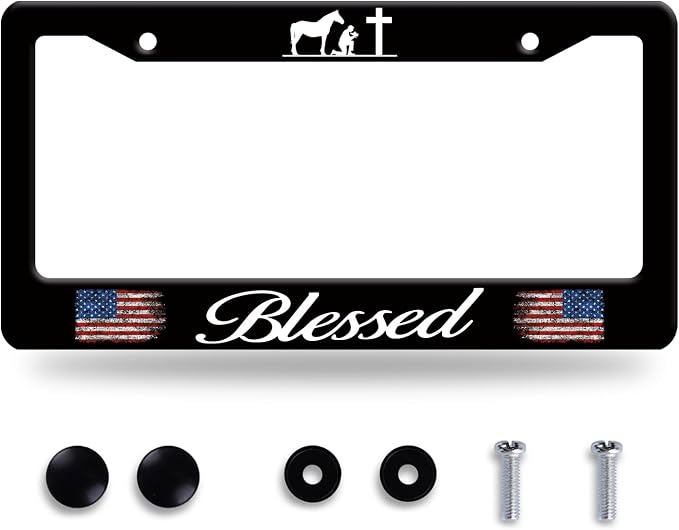 Blessed American Flag License Plate Frame Cross Pray by BRAGHRTED