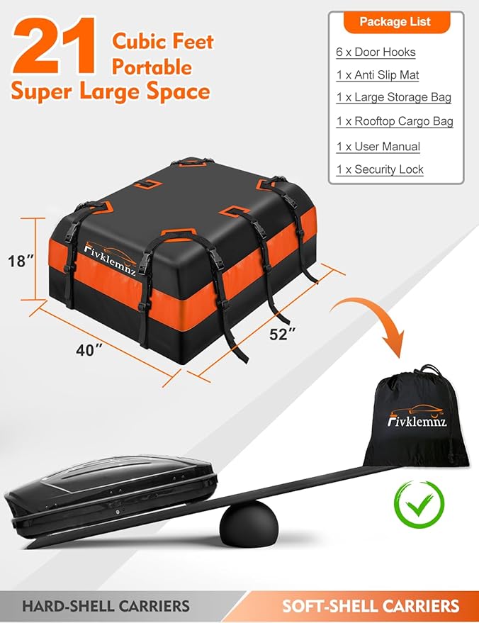 FIVKLEMNZ 21 Cubic Car Rooftop Cargo Carrier Roof Bag Waterproof - Image 4