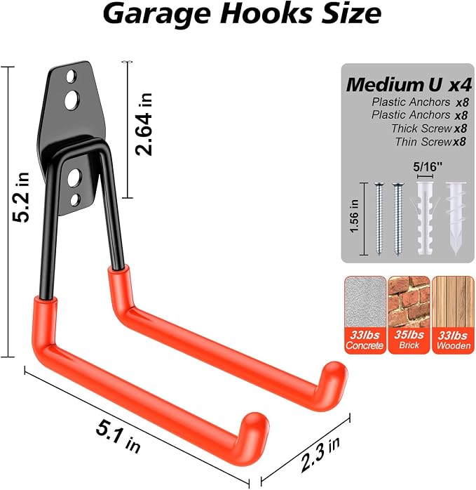 4 Pack 5.2x5.1 inch U Heavy Duty Garage Hooks, Solid Steel Wall Mount Hangers - Image 2