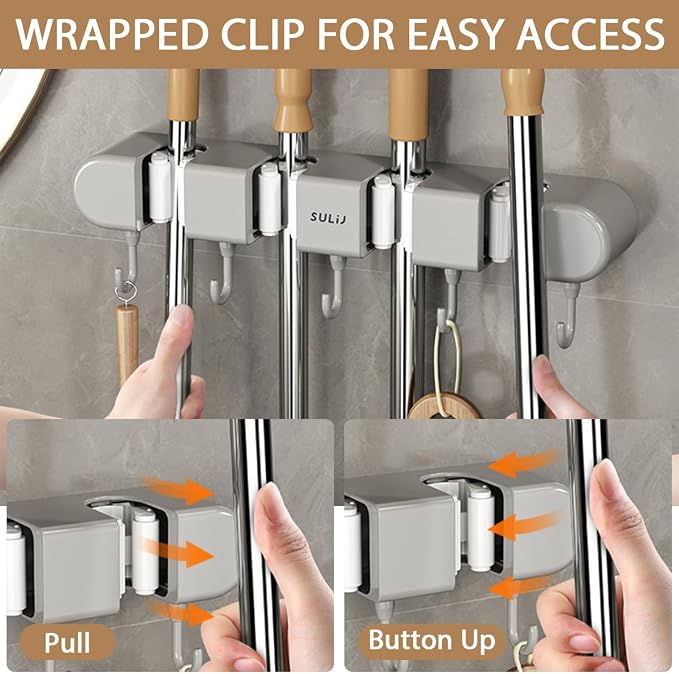 3PCS Broom Mop Holder with Hooks Wall Mounted Broom Storage Rack No Drilling - Image 6