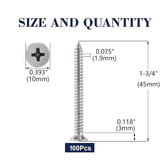 #12 x 1-3/4" Wood Screw 100Pcs 18-8 Stainless Steel Screws Flat Head Phillips - Image 2