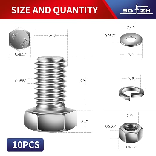 5/16-18 x 3/4" Hex Head Screw Bolt, Flat & Lock Washers, Fully Threaded - Image 2