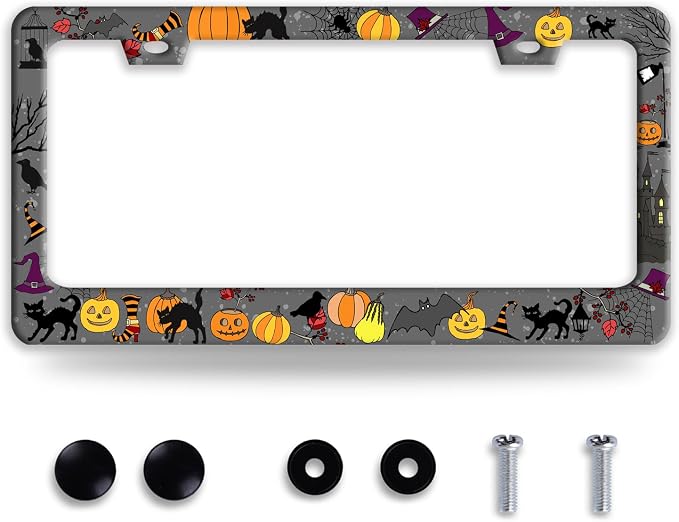 Halloween Pumpkin Cat License Plate Frame Bat Spider License Plate Holder Funny by BRAGHRTED