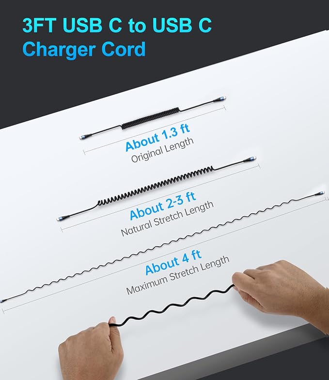 USB C Cable 100W 3FT Coiled USB C to USB C Charger Cable - Image 6