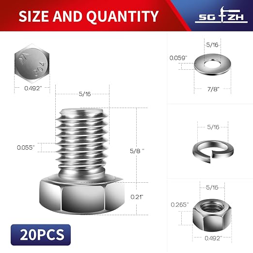 5/16-18 x 5/8" Hex Head Screw Bolt, Flat & Lock Washers, Fully Threaded - Image 2