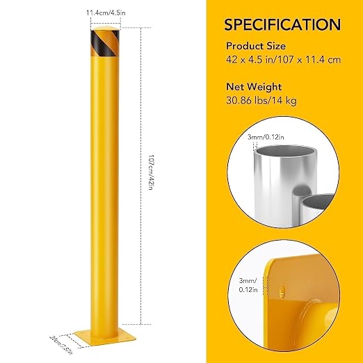 4 Pcs Safety Bollard, 42 Inch High Heavy-Duty Yellow Safety Bollard Steel Posts - Image 2