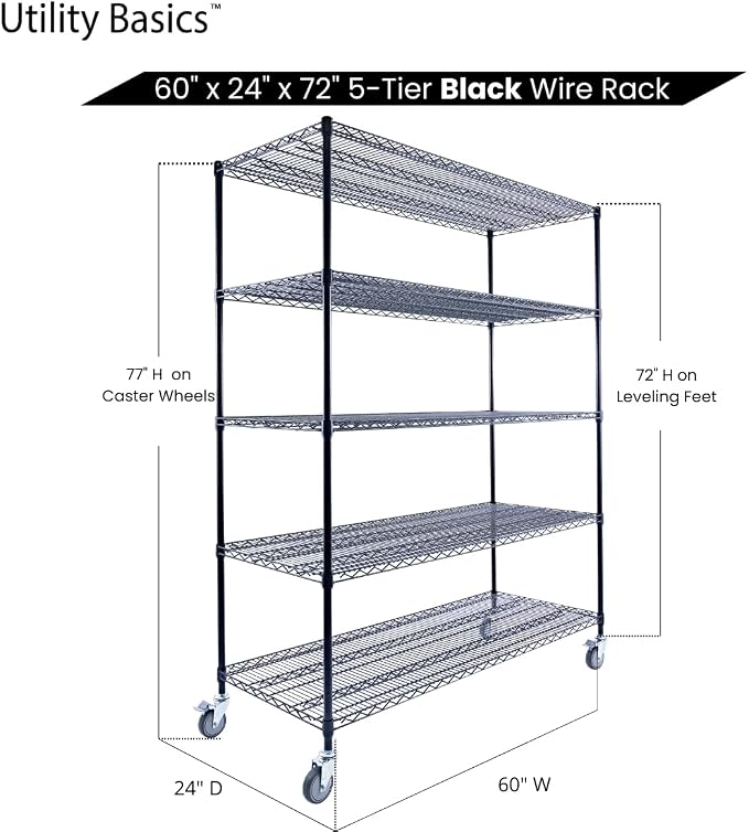 60"x24"x72" Black 5-Tier Premium Metal Wire Shelving NSF 4000 LBS MAX Capacity - Image 7