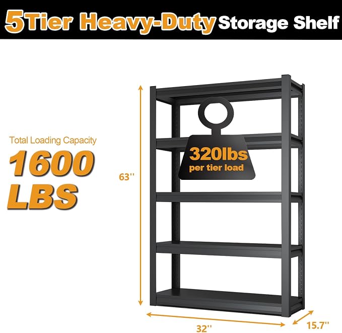 63H Metal Kitchen Storage Shelves, 1600 LBS Heavy Duty Garage Shelving Unit - Image 2