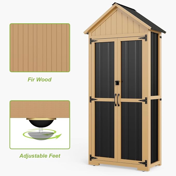 Outdoor Storage Cabinet with Shelf, Wood & Metal Storage Shed with Lockable - Image 5