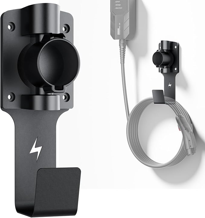 EV Charger Holder, with 180° Rotation Nozzle Dock, Metal J-Hook by FOCSPROD