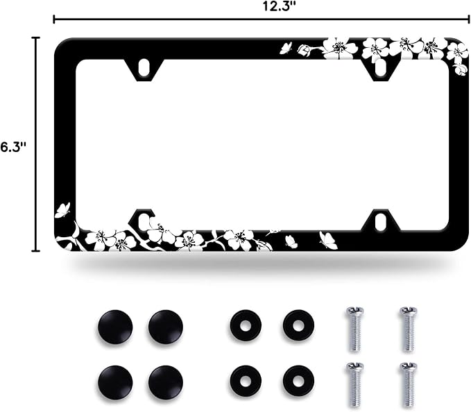 Black White Cherry Blossoms License Plate Frame Floral Flowers License Plate - Image 8