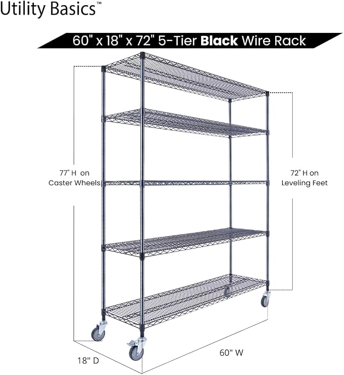 60"x18"x72" Black 5-Tier Premium Wire Shelving NSF 4000 LBS MAX Capacity Heavy - Image 7