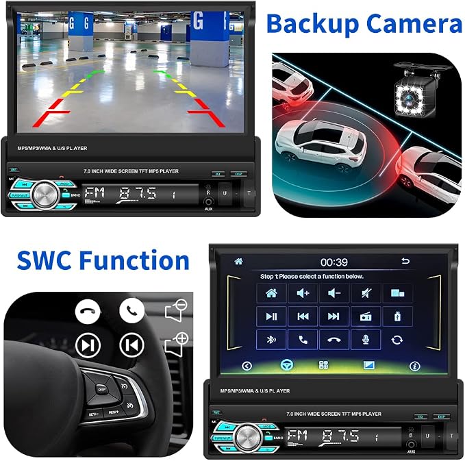 Hikity Carplay Single Din Car Stereo, 7 Inch Flip Out Touch Screen Car Radio - Image 5