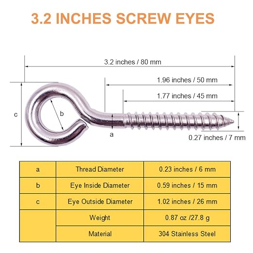 24 Pack, 3-1/5 Inch 304 Stainless Steel Eye Shape Screws Metal Hook, Heavy Duty - Image 6