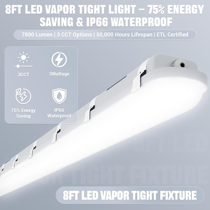 JTT 8FT LED Vapor Tight Light 120/100/80W, 5000K/4000K/3000K Vapor Proof - Image 2