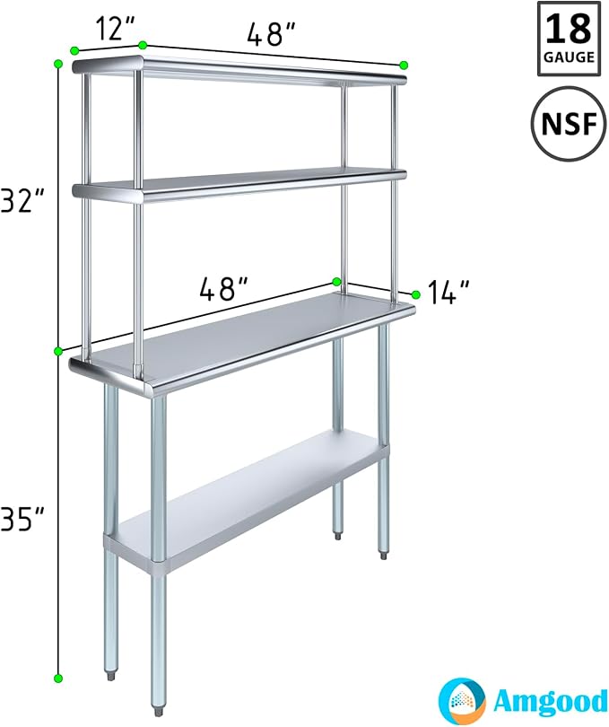 Amgood Stainless Steel Work Table Double Tier Overshelf | NSF 14" x 48" Work - Image 3