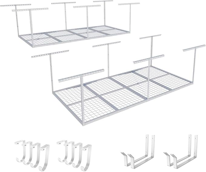 FLEXIMOUNTS 2-Piece Overhead Garage Storage Rack Set w/Hooks Adjustable Ceiling by FLEXIMOUNTS