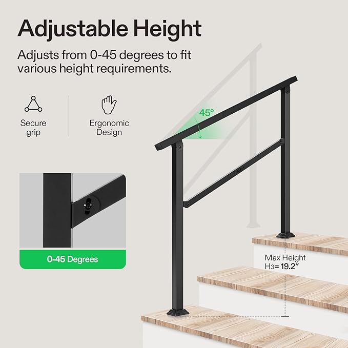VIVOSUN Outdoor Handrail, 3 Step Stair Handrail, Wrought Mattle Iron Handrail - Image 4