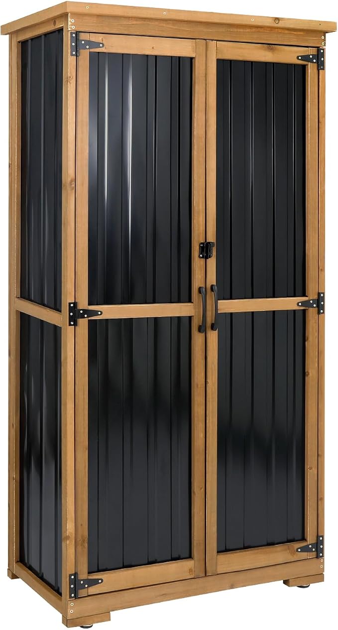 Outdoor Storage Cabinet Wood & Metal, Tall Tool Shed by Ketive