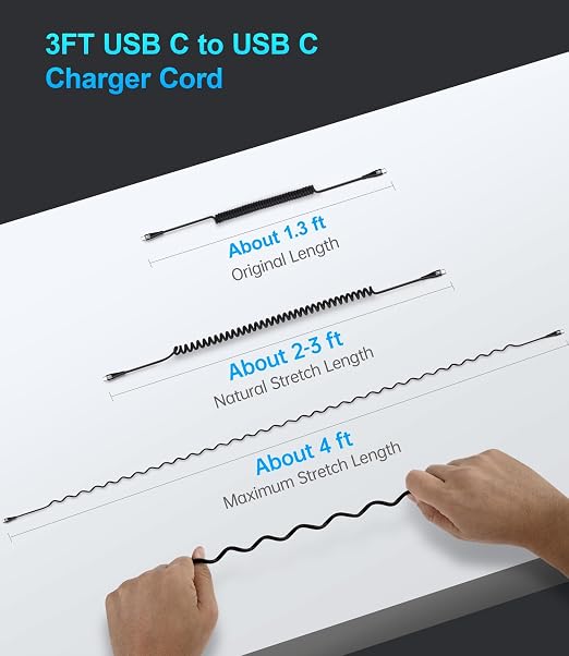 USB C to C Cable 100W 3FT for Car, Coiled USB C Cable Fast Charging for iPhone - Image 6