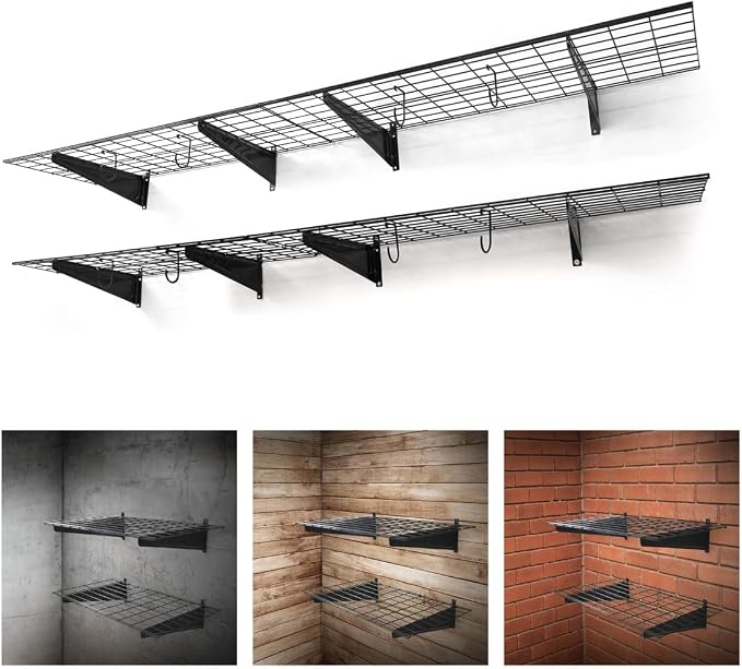 Fencer Wire 96 in. W x 18 in. D Wall Mounted Garage Wall Shelving w/ 4 Hooks by Fencer+Wire
