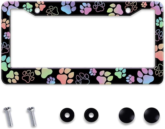 Dog Paw Car License Plate Frames, Colorful Pet Paw Printed License Plate Holder by MIXWIT