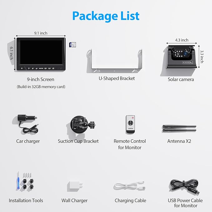 9 Inch Magnetic Solar Wireless Backup Camera System, 9600mAh Solar Rechargeable - Image 8