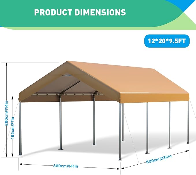 12X20 Ft Heavy Duty Carport Canopy, Portable Garage, Car Tents, Reinforced - Image 2