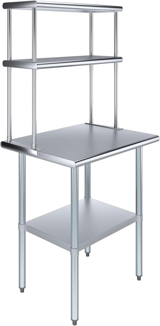 Amgood Stainless Steel Work Table Double Tier Overshelf | Metal Kitchen Prep by AmGood